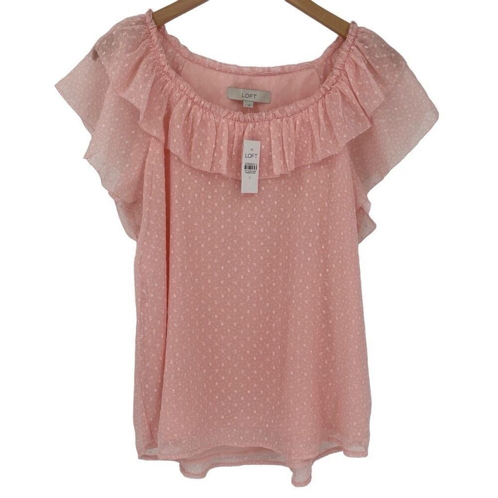 Loft‎ Clip Dot Ruffle Shell Blouse Top Short Cap Sleeves Pink Women Large NWT